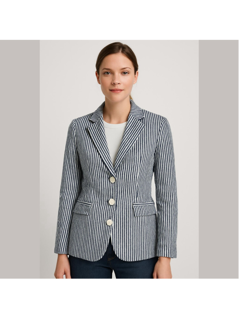Sandro Paris Navy White Striped Seersucker Blazer Jacket Size Medium